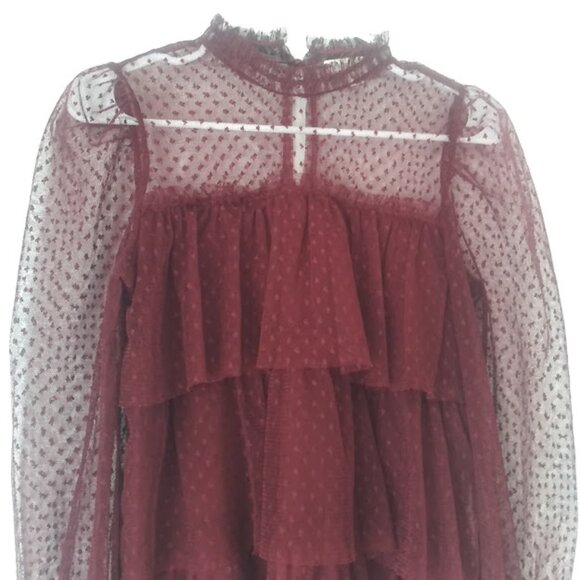 Jolie & Joy Burgundy Lace Mesh Blouse women's size S - Picture 2 of 16